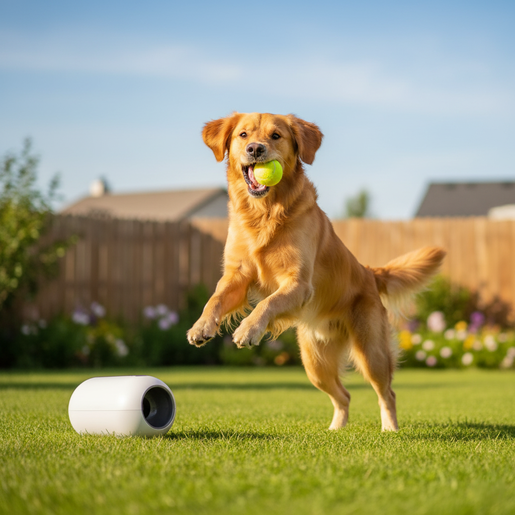 Franklin Ready Set Fetch Automatic Tennis Ball Launcher — electronic ball thrower launching up to 40 feet for dog exercise and play, available at PetLovers.