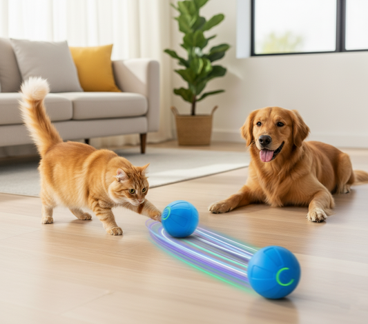 Cat chasing a remote-controlled laser toy and dog watching an interactive bouncing ball indoors, showcasing smart remote toys for active, fun, and connected pet playtime.