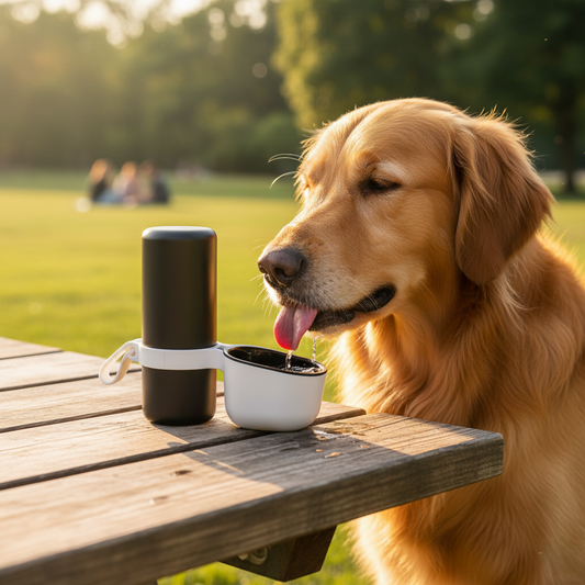 Portable Dog Water Bottle 2-in-1 — food-grade, leak-proof dispenser for dogs with built-in food storage, available at PetLovers.