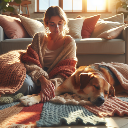 A relaxed dog and its owner enjoying a calm, cozy moment together in a softly lit living room.