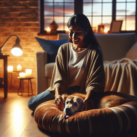A peaceful living room with a dog resting on a plush donut bed, illuminated by soft evening light as its owner lovingly pets it.