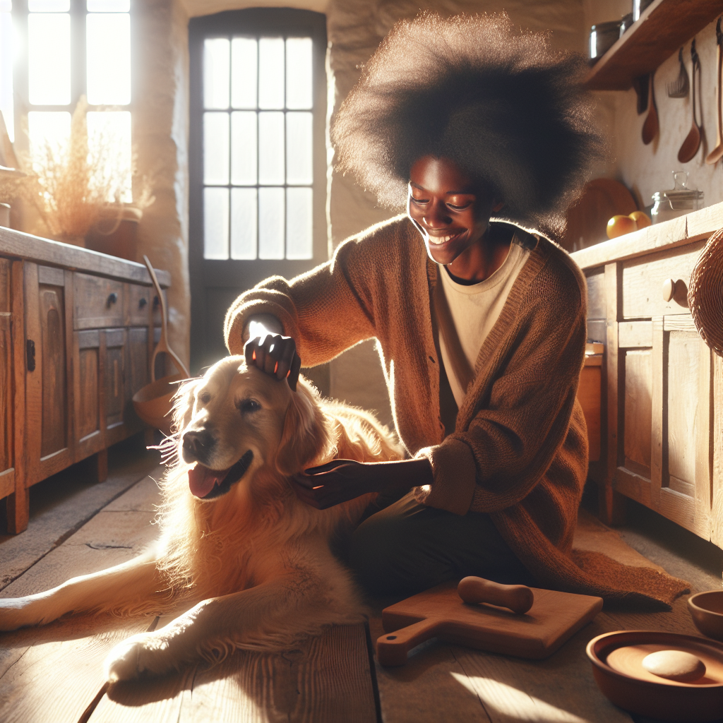 A pet parent tenderly brushing their dog in the morning sunlight, showcasing warmth and calm.