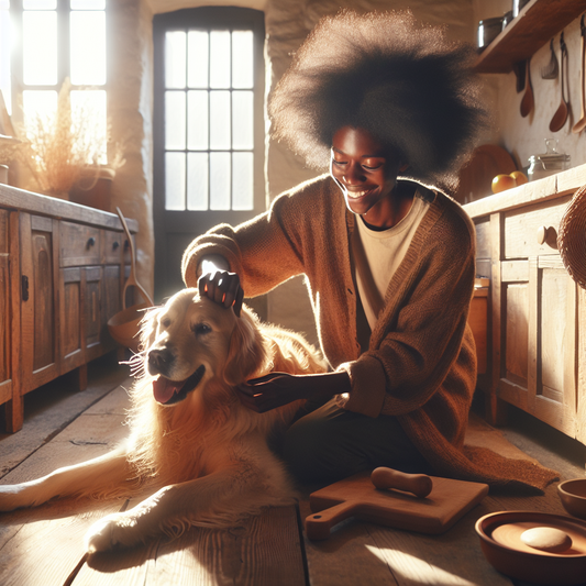 A pet parent tenderly brushing their dog in the morning sunlight, showcasing warmth and calm.
