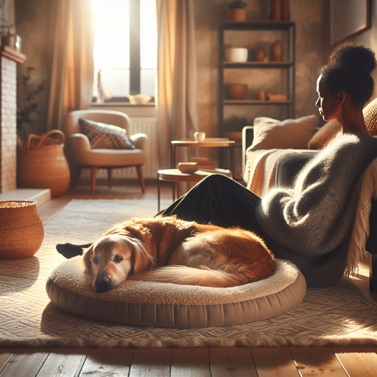 A golden retriever and owner share a peaceful, cozy moment in a sunlit living room, emphasizing calm and comfort.
