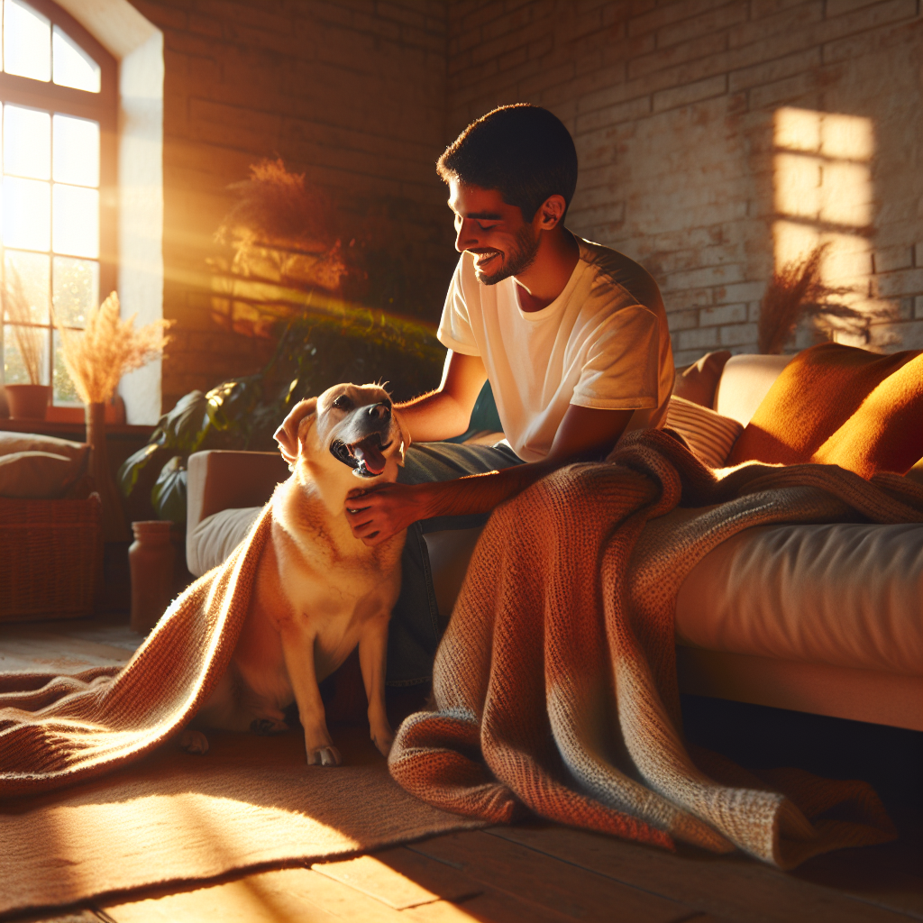 A happy dog enjoys a relaxing grooming session with its owner in a warm, sunlit living room.