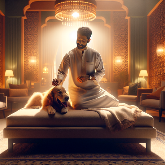 A warm, intimate scene of a dog owner brushing a relaxed golden retriever on a cozy bed in soft evening light.