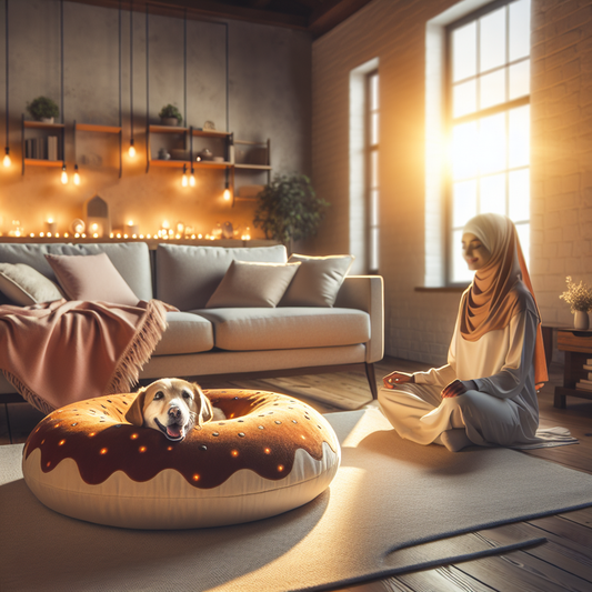 A dog peacefully resting on a plush donut bed in a sunlit, cozy living room, with gentle textures and an inviting atmosphere.