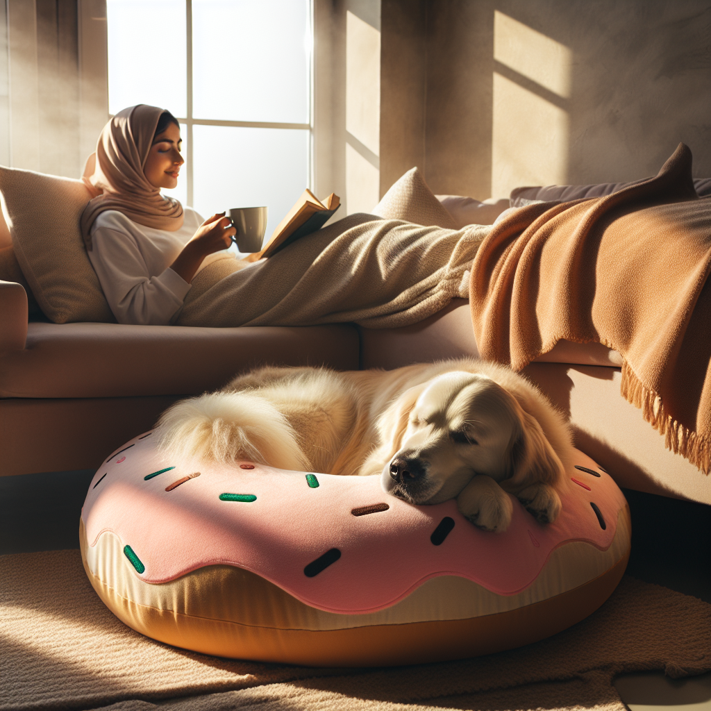 A relaxed golden retriever sleeps on a soft donut bed in a cozy, sunlit living room with an owner nearby.