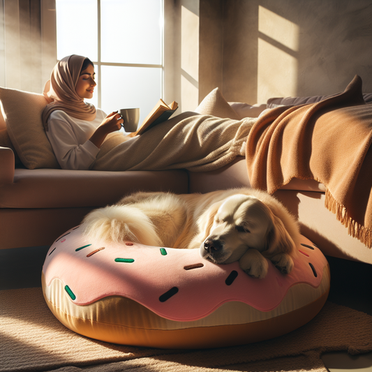 A relaxed golden retriever sleeps on a soft donut bed in a cozy, sunlit living room with an owner nearby.