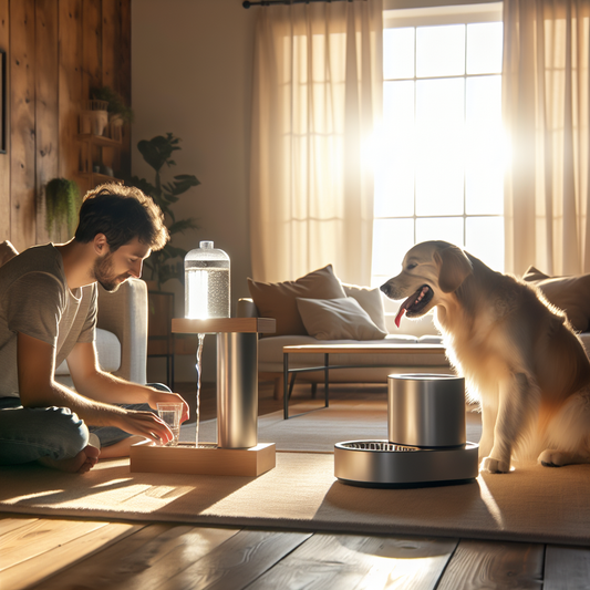 A golden retriever enjoys fresh water from a smart fountain as its owner smiles nearby in a cozy, sunlit living room.