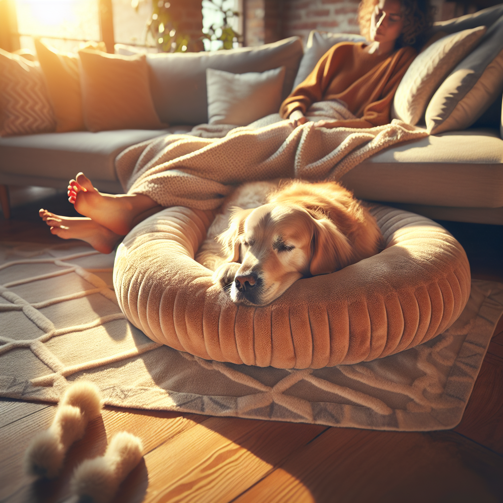 A golden retriever sleeping peacefully in a plush orthopedic bed beside its owner in a sunlit, cozy living room.