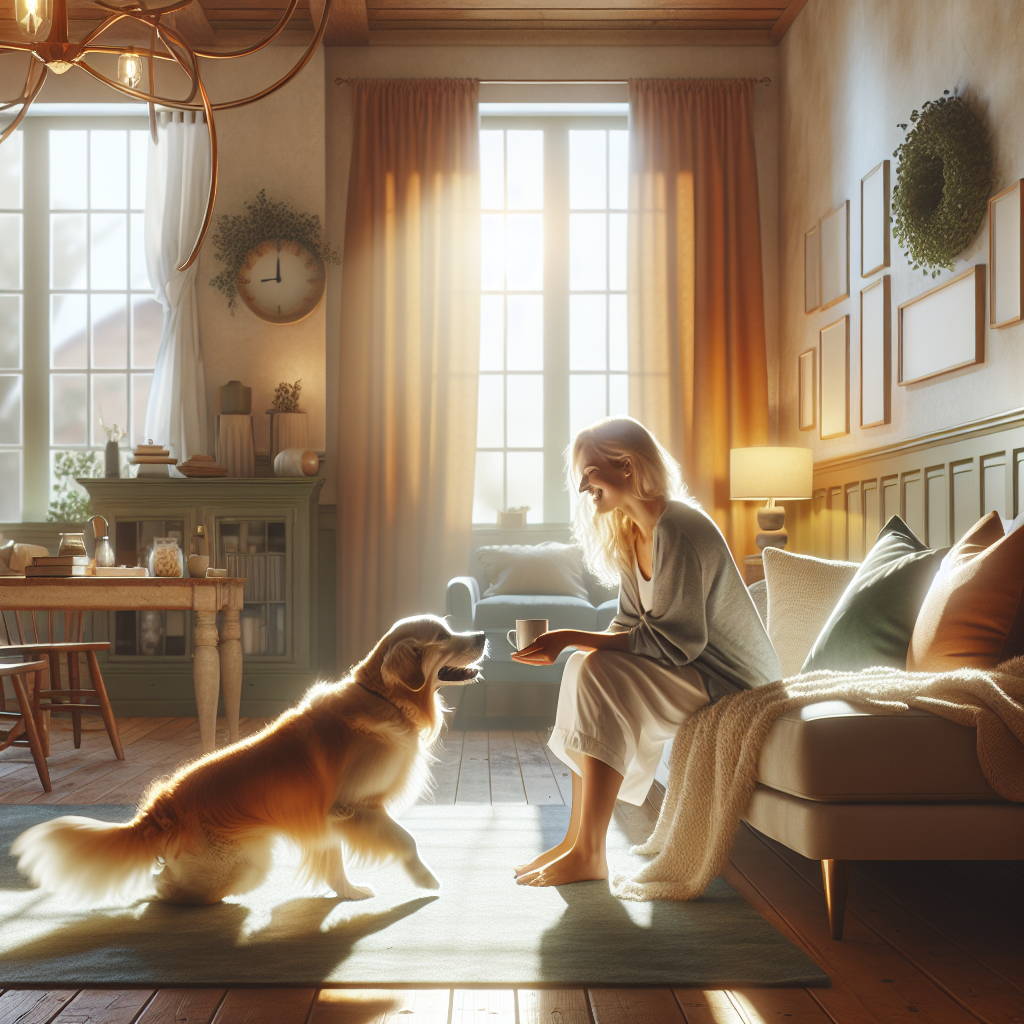 A dog and owner sharing a calm morning ritual in a comfortable, sunlit room.
