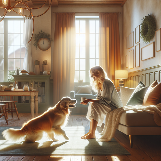A dog and owner sharing a calm morning ritual in a comfortable, sunlit room.