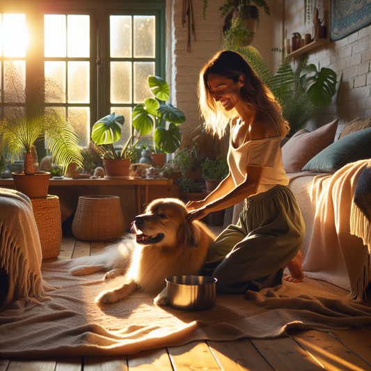 A dog and owner sharing a calm grooming moment together in a warmly lit, cozy home.