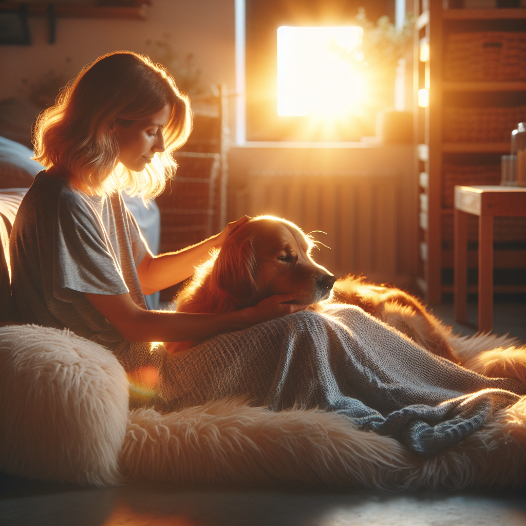 A dog and its owner enjoy a calm evening together in a cozy living room, sharing a relaxing grooming session on a soft dog bed.
