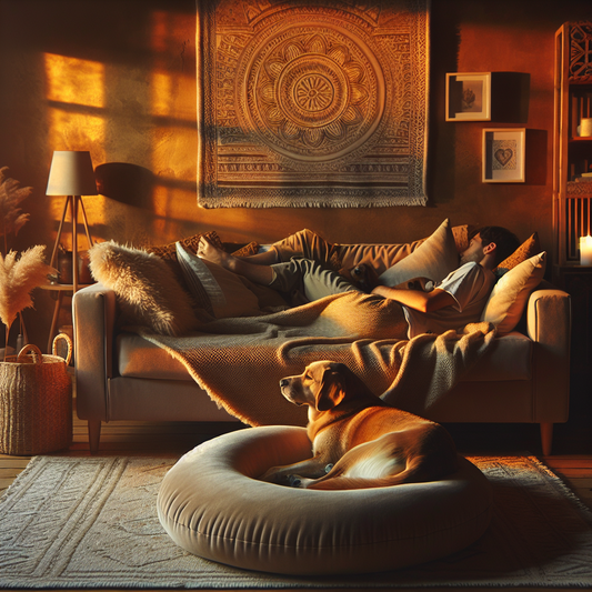 A gentle, emotional scene of a dog and its owner relaxing together on a cozy donut bed in a warmly lit living room.