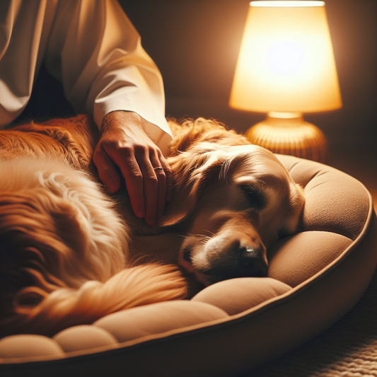 A golden retriever rests peacefully on a plush bed in a softly lit room, comforted by its owner's gentle touch.
