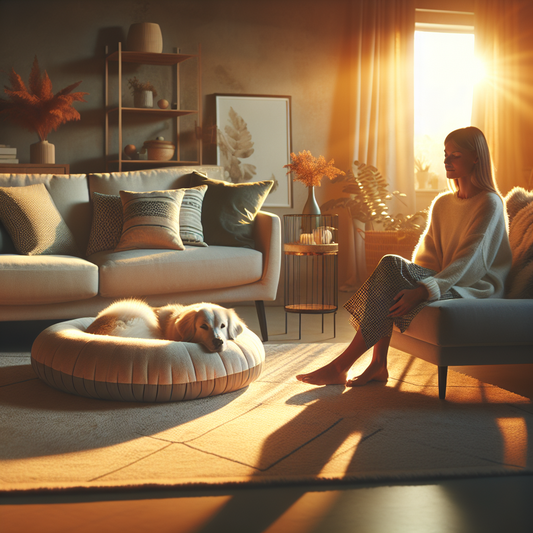 A dog curled up in a plush donut bed next to its owner in a warmly lit living room, both enjoying a peaceful and cozy evening together.