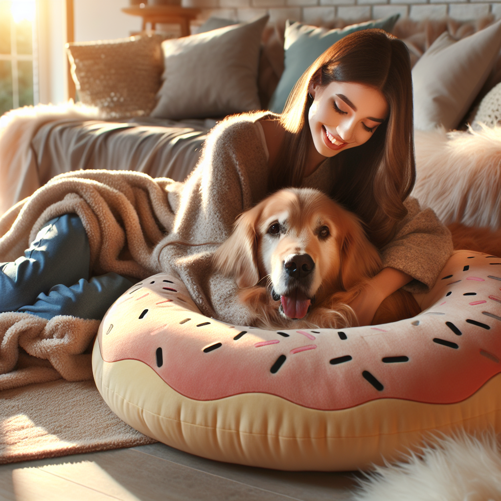 A golden retriever relaxing on a soft donut dog bed with its owner in a cozy, sunlit living room.