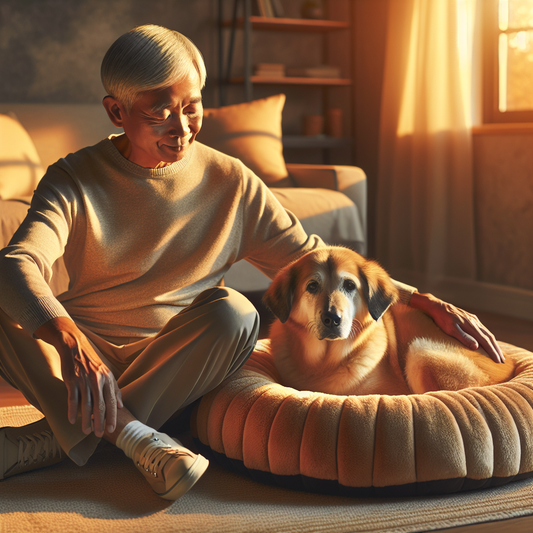 A dog peacefully resting on a plush donut bed in a warmly lit living room, with its owner nearby showing gentle affection.