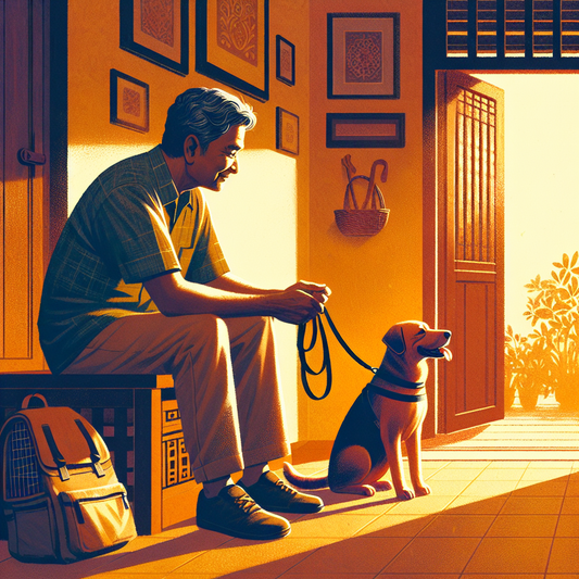 A dog and its owner share a calm moment in the entryway before heading outside, highlighting a comforting home-to-outdoor routine.