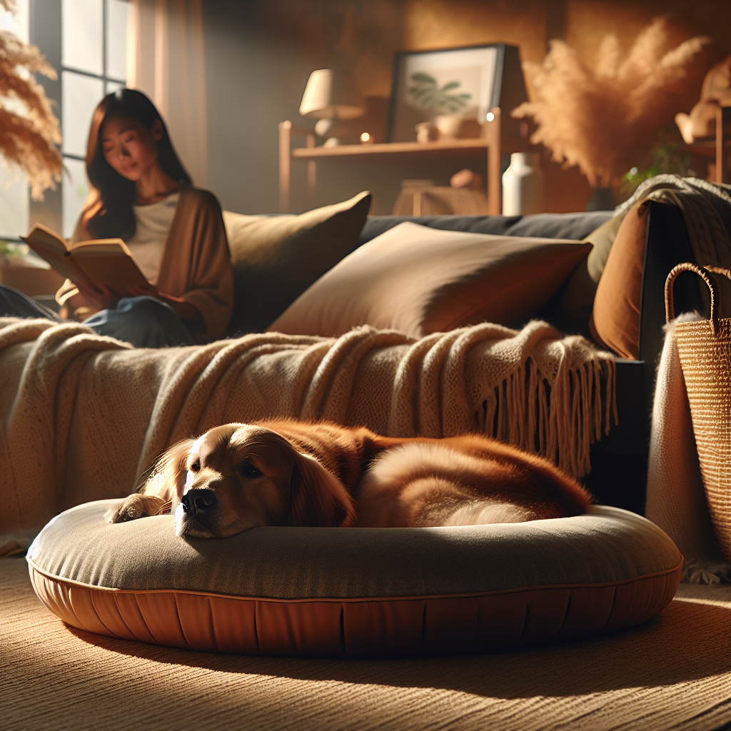 A golden retriever resting peacefully on a plush donut bed in a softly lit, cozy living room.