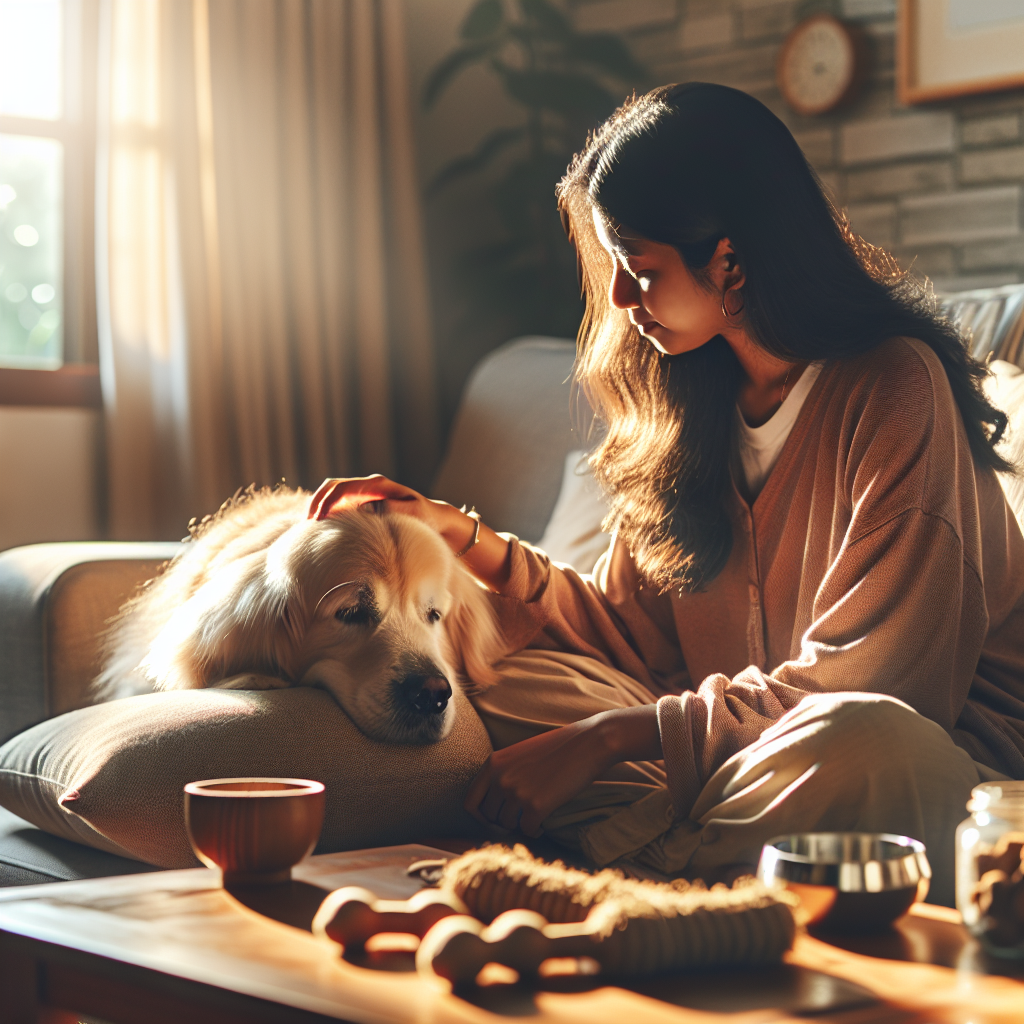 A woman and her dog enjoy a comforting morning cuddle on a cozy sofa, bathed in soft light.