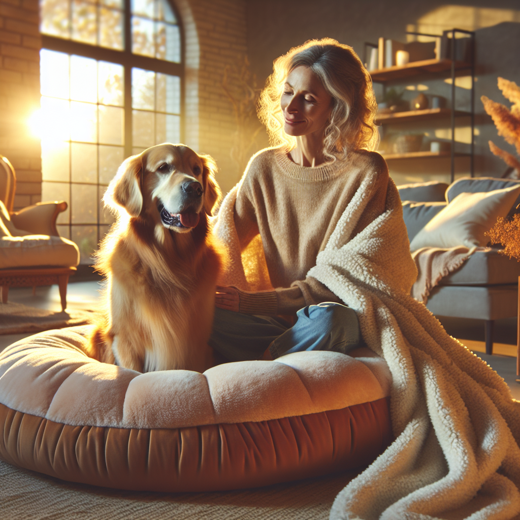 A golden retriever relaxes on a plush donut bed while its owner watches lovingly in a cozy, sunlit living room.