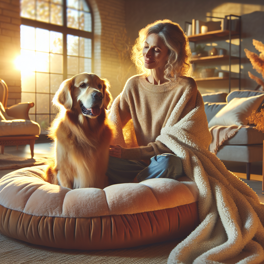 A golden retriever relaxes on a plush donut bed while its owner watches lovingly in a cozy, sunlit living room.