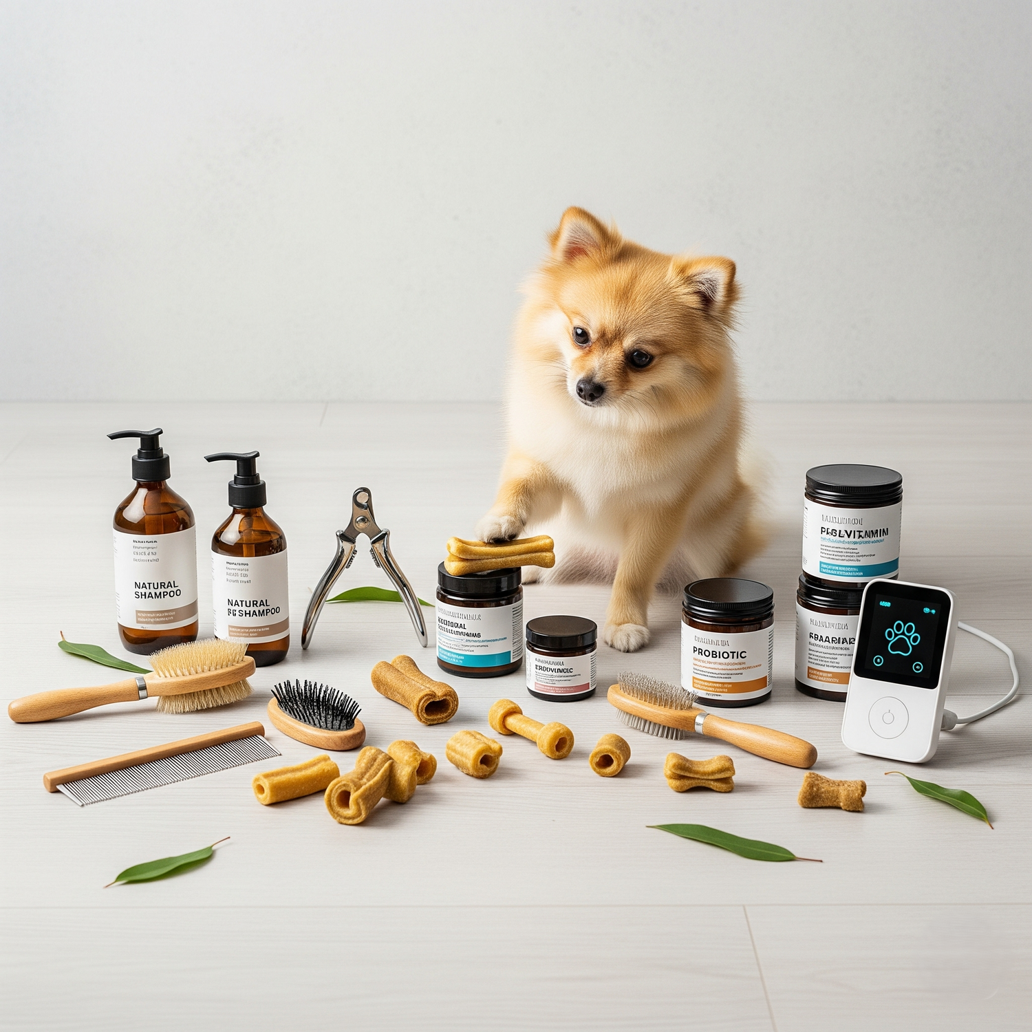 Pet grooming and health essentials such as brushes, hygiene supplies, supplements, and probiotics to keep pets clean and healthy.