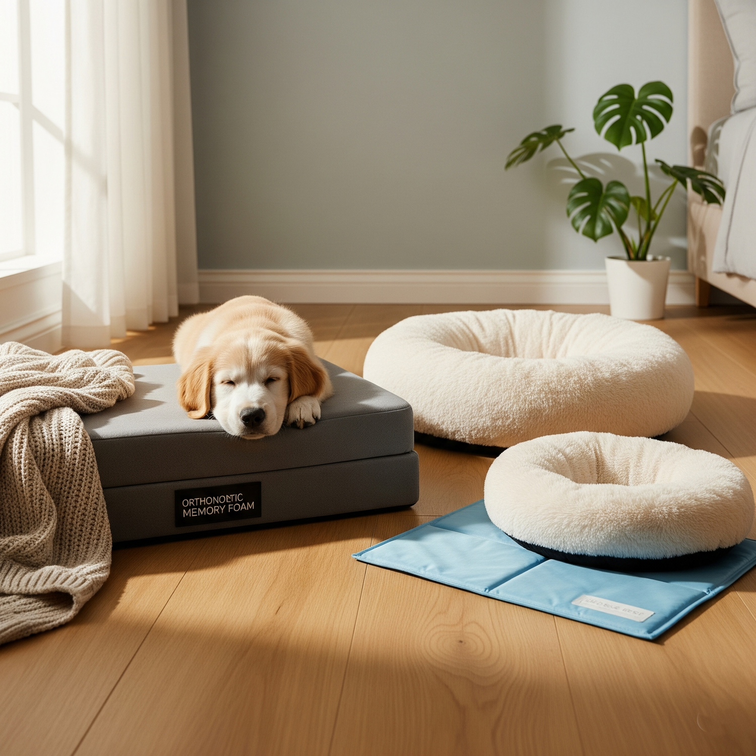 Comfortable pet beds including orthopedic beds, donut beds, cooling mats, and heated pads for restful sleep and joint support.