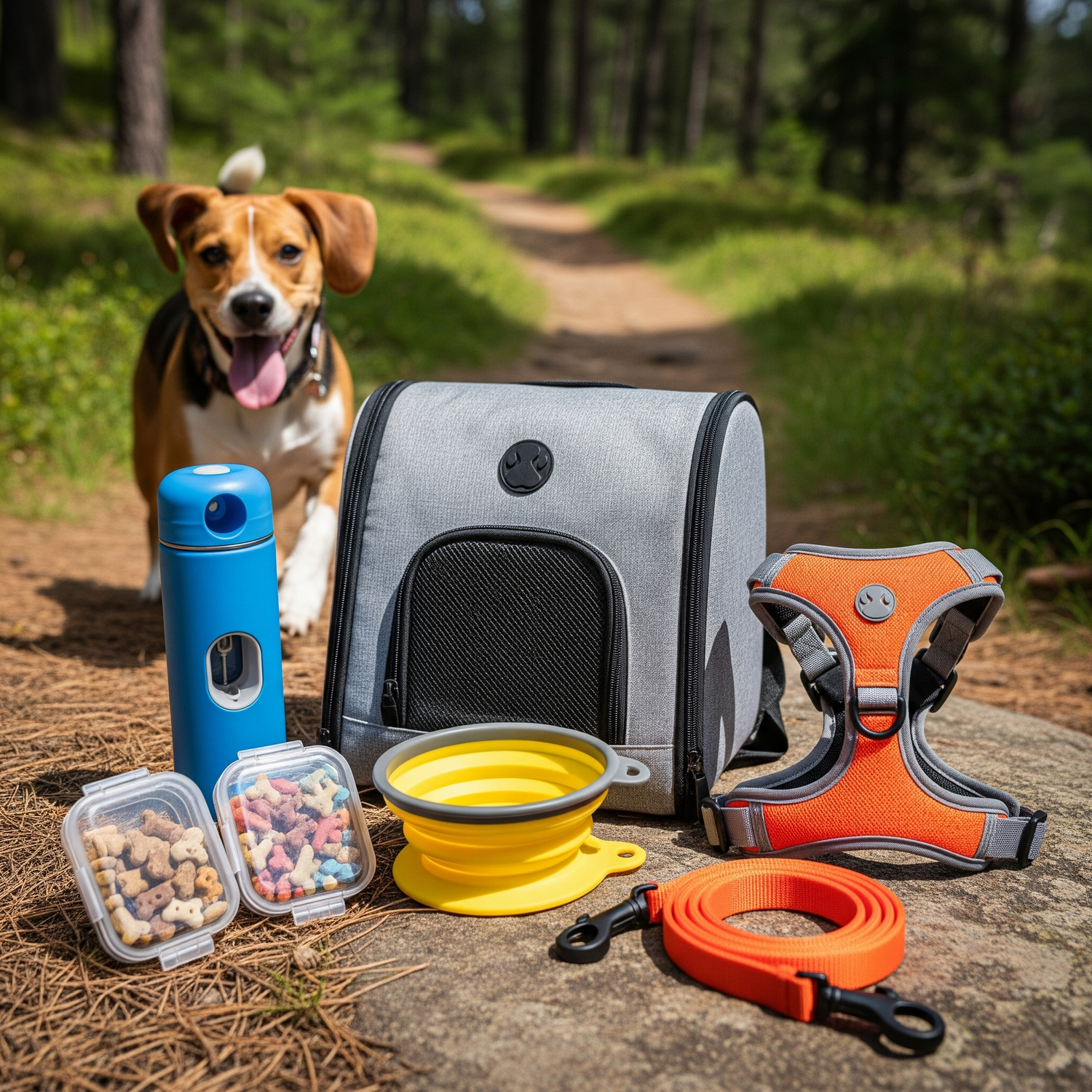 Pet travel and outdoor essentials including LED harnesses, light-up leashes, carriers, and portable water bottles for safe adventures.