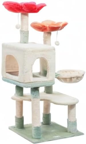 HYABi 48-inch Modern Cat Tree with Hanging Basket & Flower Design, Multi-Level Cat Tower with Plush Perches, Sisal Scratching Posts & Toy Balls, Stylish Indoor Playhouse for Cats & Kittens