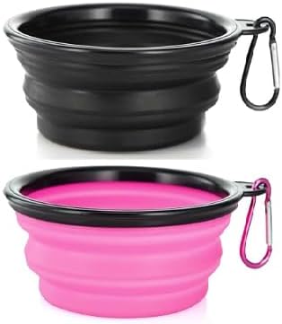 Collapsible Pet Bowl Set, Portable Silicone Travel Food Water Bowls with Carabiner Clip, Multi-Color, Space-Saving Design for Dogs Cats (Pink & Black)