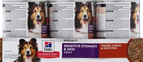 Hill's Science Diet Sensitive Stomach & Skin, Adult 1-6, Stomach & Skin Sensitivity support, Wet Dog Food, Turkey & Rice Stew, 12.5 oz Can, Case of 12
