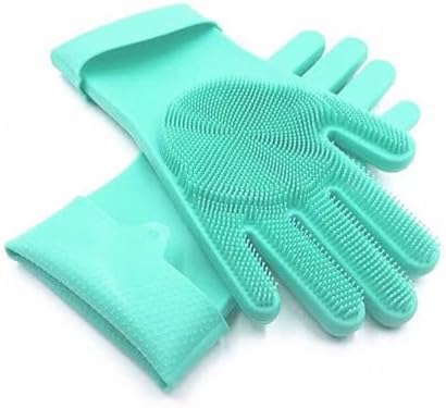 Pet Grooming Gloves，Heat-Resistant Silicone Gloves with High-Density Teeth for Enhanced Massaging and Bathing of Dogs and Cats (Green, 2 Pair)