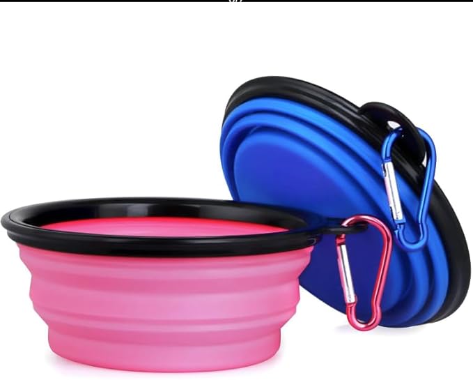 Collapsible Pet Bowl Set, Portable Silicone Travel Food Water Bowls with Carabiner Clip, Multi-Color, Space-Saving Design for Dogs Cats (Purple & Pink)
