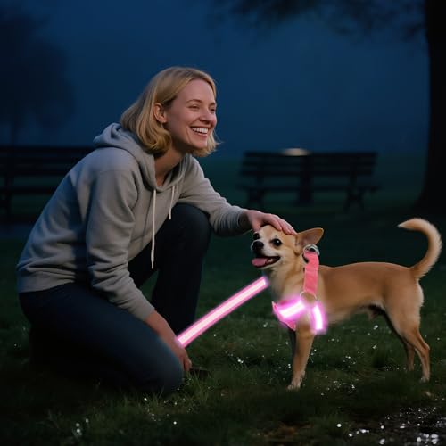 QVEEQ Light Up Dog Harness, led Dog Collar Rechargeable, Lighted Dog Collars for Night Safety Walking Camping Adjustable, Three Lighting Modes (Blue, S)