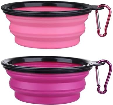 Collapsible Pet Bowl Set, Portable Silicone Travel Food Water Bowls with Carabiner Clip, Multi-Color, Space-Saving Design for Dogs Cats (Purple & Pink)