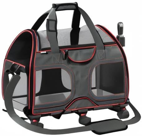 Katziela Pet Carrier - Airline Compliant - TSA Approved Pet Carrier for Small Dogs and Cats - Soft FAA Travel Airplane Dog Carrier Luggage (Black/Red)