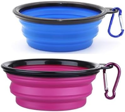Collapsible Pet Bowl Set, Portable Silicone Travel Food Water Bowls with Carabiner Clip, Multi-Color, Space-Saving Design for Dogs Cats (Purple & Blue)