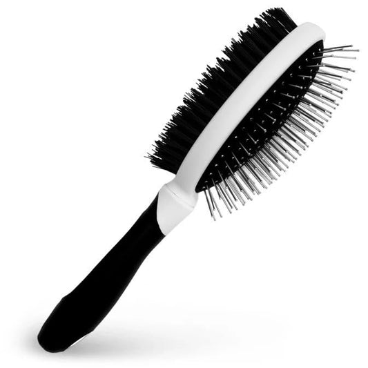 Fuller Brush 2-in-1 Double-Sided Pet Brush - Electroplated Round-Ended Steel Pins Positioned Into a Flexible Cushion on One Side & Nylon Bristles - Remove Shedding - Tool For Grooming Dogs & Cats