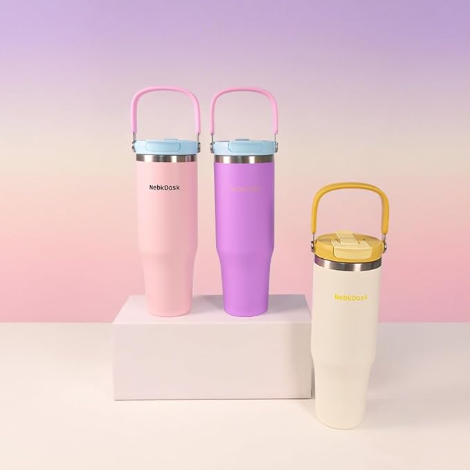 Insulated Stainless Steel Bottle with 2-in-1 Straw and Spout Lid Water Bottle Keep Cold 24H, Leak-Proof, Fits in Car Cup Holder, Travel, and School（off-White）