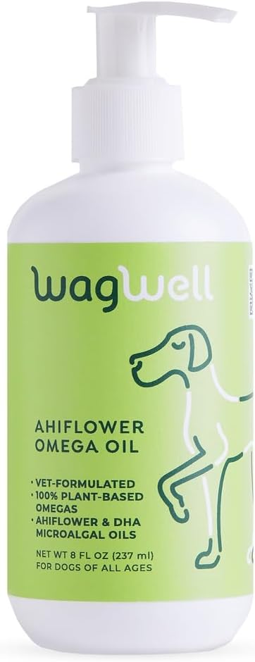 WagWell Ahiflower Omega Oil - Vet-Formulated Skin, Coat, Hip and Joint Supplement for Dogs - Plant-Based Omega 3, 6 and 9 Supplement - Natural Non-GMO Dog Omega Oil, 8 fl.oz. Pump Bottle