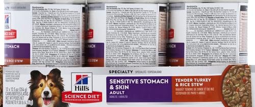 Hill's Science Diet Sensitive Stomach & Skin, Adult 1-6, Stomach & Skin Sensitivity support, Wet Dog Food, Turkey & Rice Stew, 12.5 oz Can, Case of 12