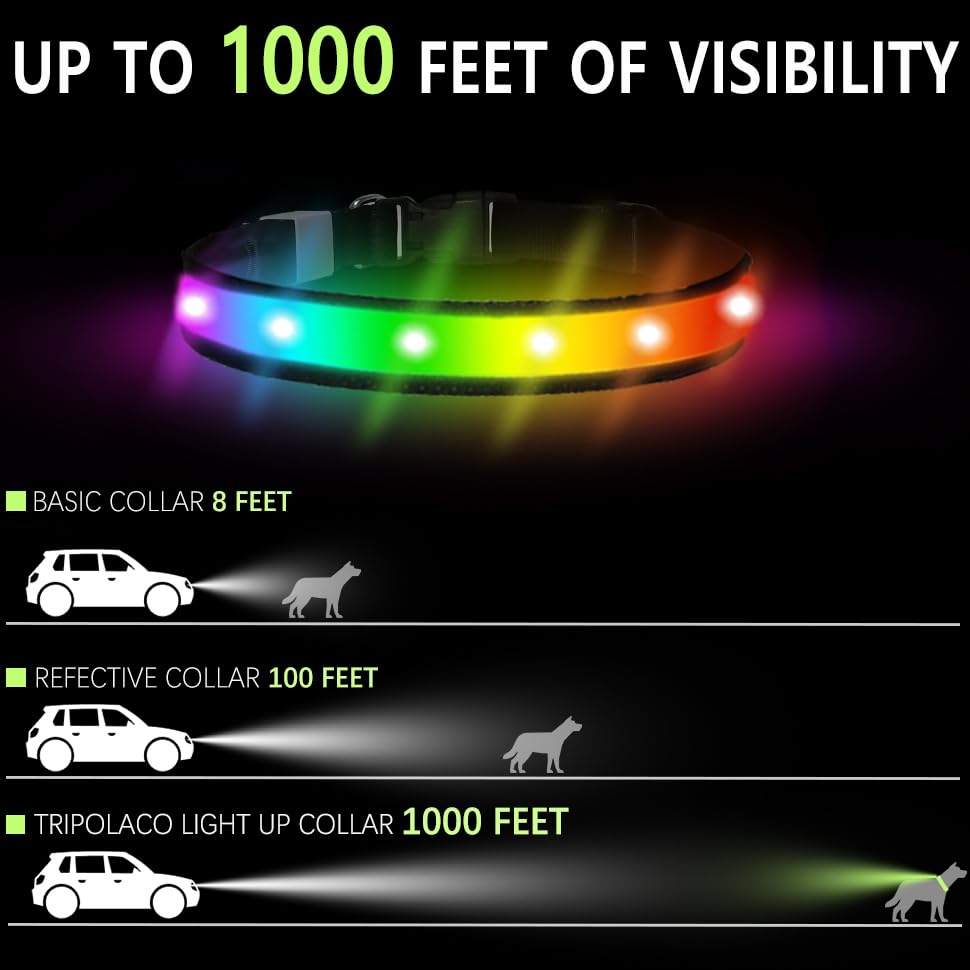 TRIPOLACO LED Dog Collar, Multicolor Light Up Dog Collar, USB Rechargeable & High-Visibility Glow in The Dark Dog Collars for Night Walks, IPX7 Waterproof, Large
