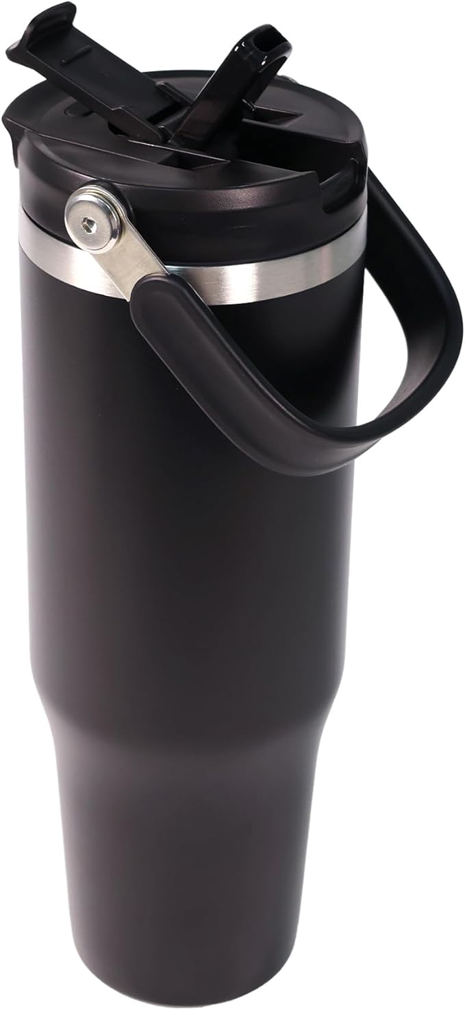 Insulated Stainless Steel Bottle with 2-in-1 Straw and Spout Lid Water Bottle Keep Cold 24H, Leak-Proof, Fits in Car Cup Holder, Travel, and School （Black）