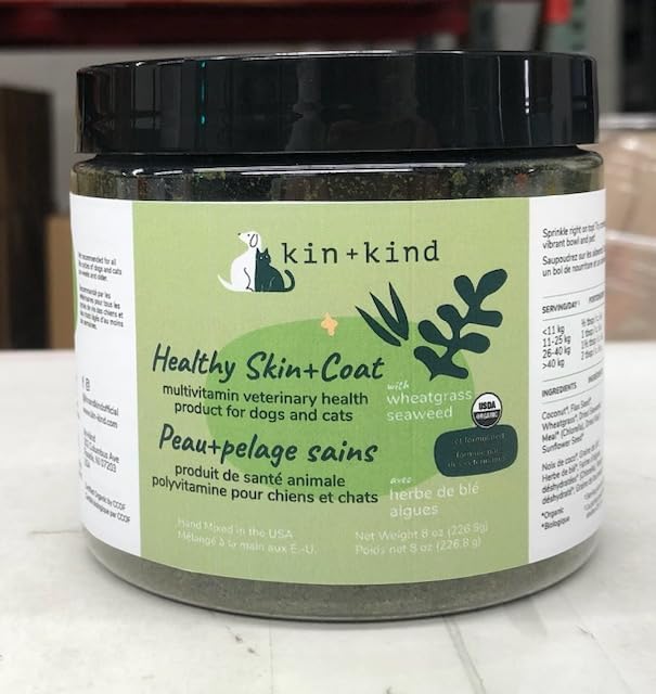 kin+kind Organic Multivitamin for Dogs & Cats - Pet Supplement for Healthy Skin and Coat - Safe, Natural Formula with Wheatgrass, Kelp, Seaweed and Coconut - Made in USA - 8 oz (Large)