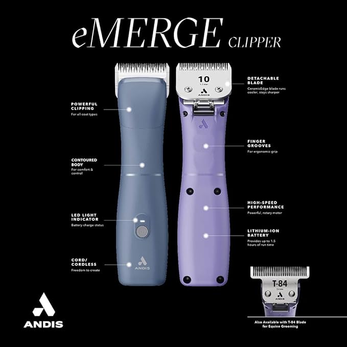 Andis Emerge Lithium-ion Cordless Detachable Blade Dog Clipper, for All Coats & Breeds, Purple, 560489