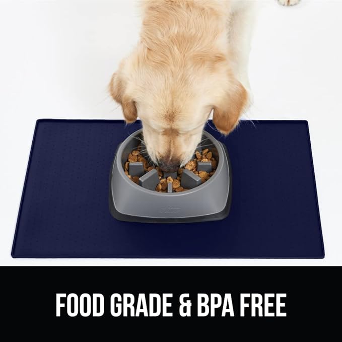 GORILLA GRIP 100% Waterproof Raised Edge BPA Free Silicone Pet Feeding Mat, Dog Cat Food Mats Contain Spills Protects Floors, Placemats for Cats and Dogs Water Bowl, Pets Accessories 32x24 Navy